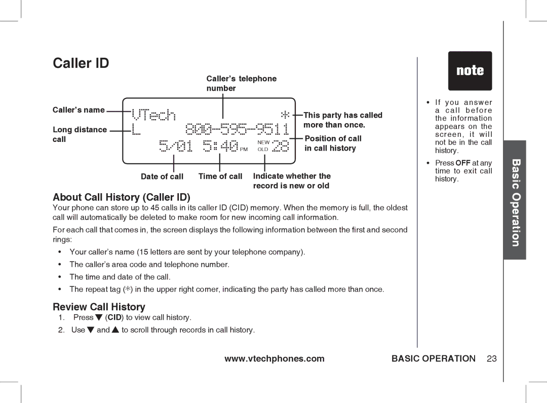 VTech Ia5854 manual About Call History Caller ID, Review Call History 