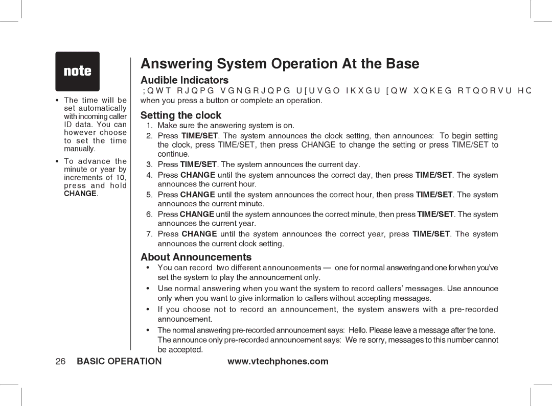 VTech Ia5854 manual Answering System Operation At the Base, Audible Indicators, Setting the clock, About Announcements 