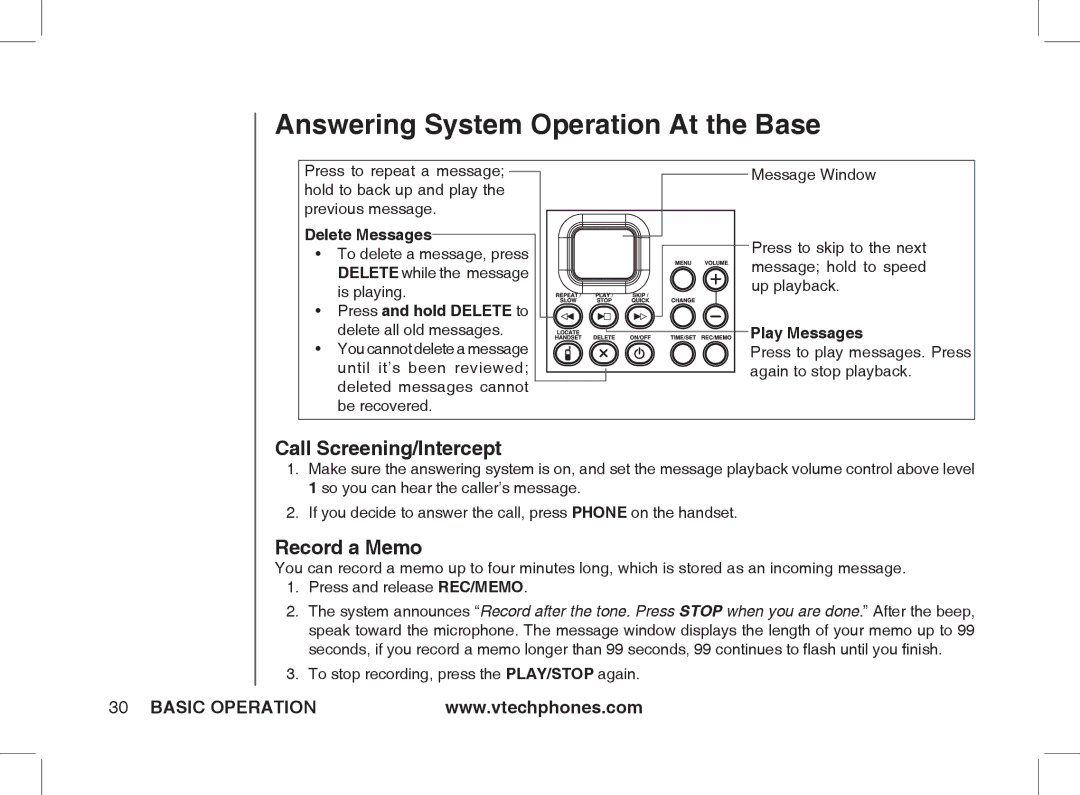 VTech Ia5854 manual Call Screening/Intercept, Record a Memo, Press to play messages.. Press again to stop playback 