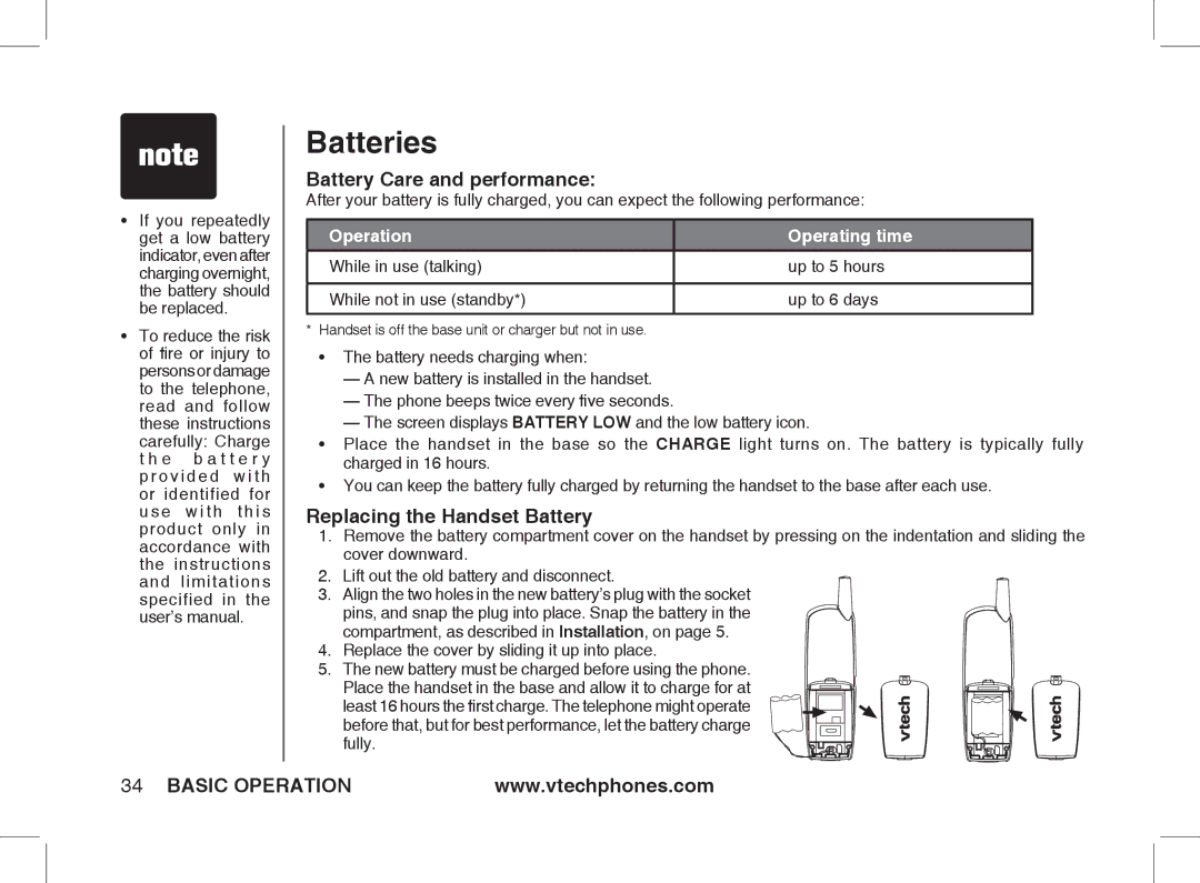 VTech Ia5854 manual Batteries, Battery Care and performance 