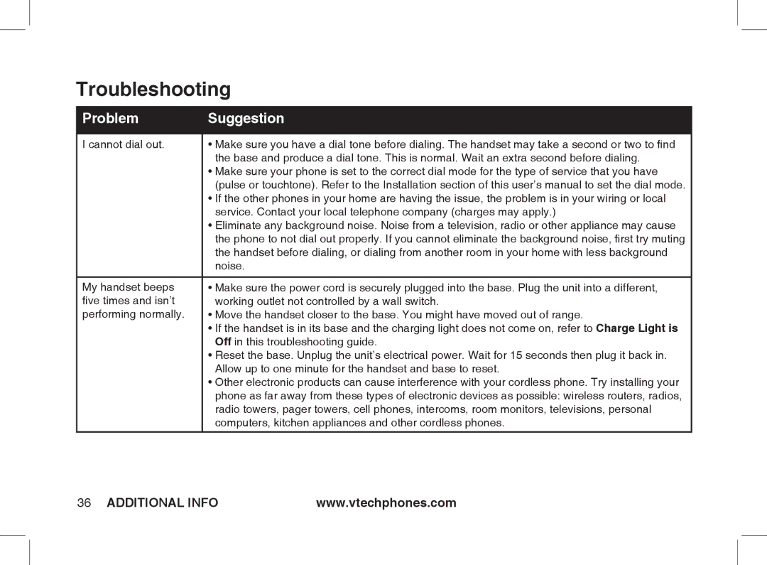 VTech Ia5854 manual Noise, Off in this troubleshooting guide, Computers, kitchen appliances and other cordless phones 