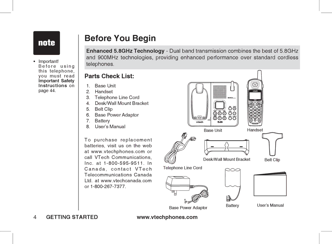 VTech Ia5854 manual Before You Begin, Parts Check List 