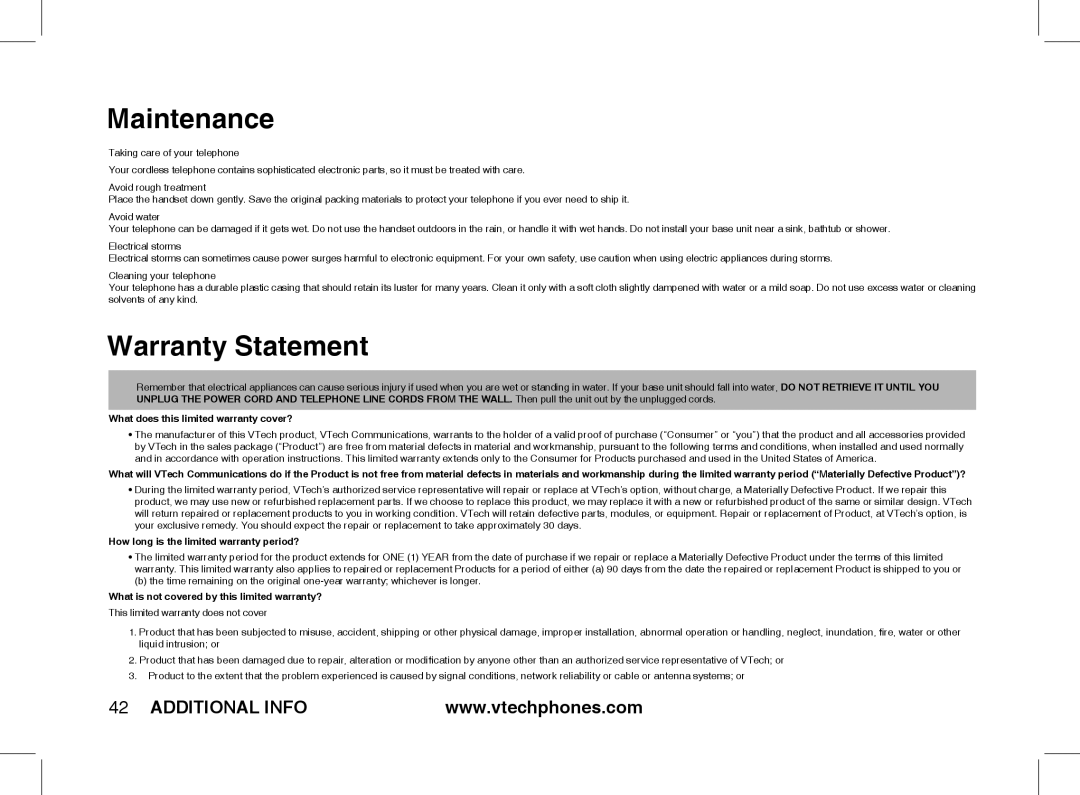 VTech Ia5854 manual Maintenance, Warranty Statement 