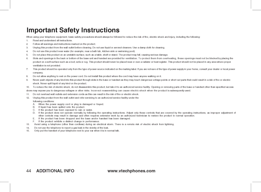 VTech Ia5854 manual Important Safety Instructions 