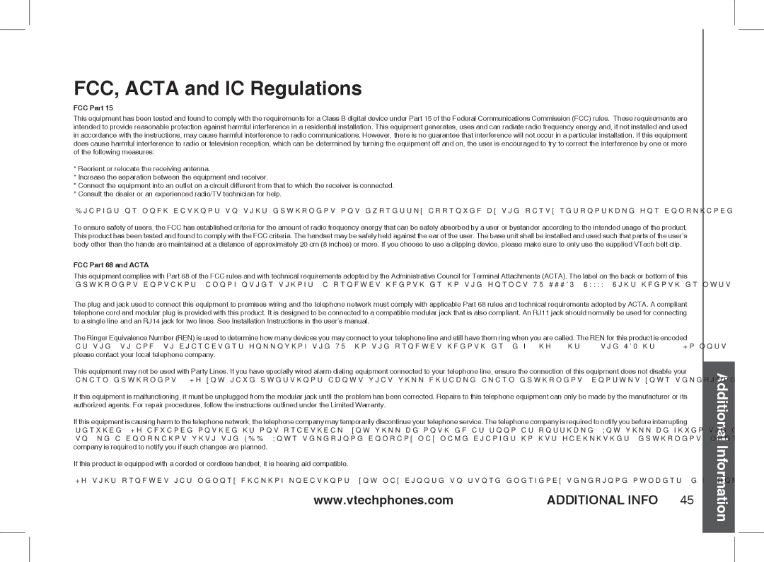 VTech Ia5854 manual FCC, Acta and IC Regulations, FCC Part 