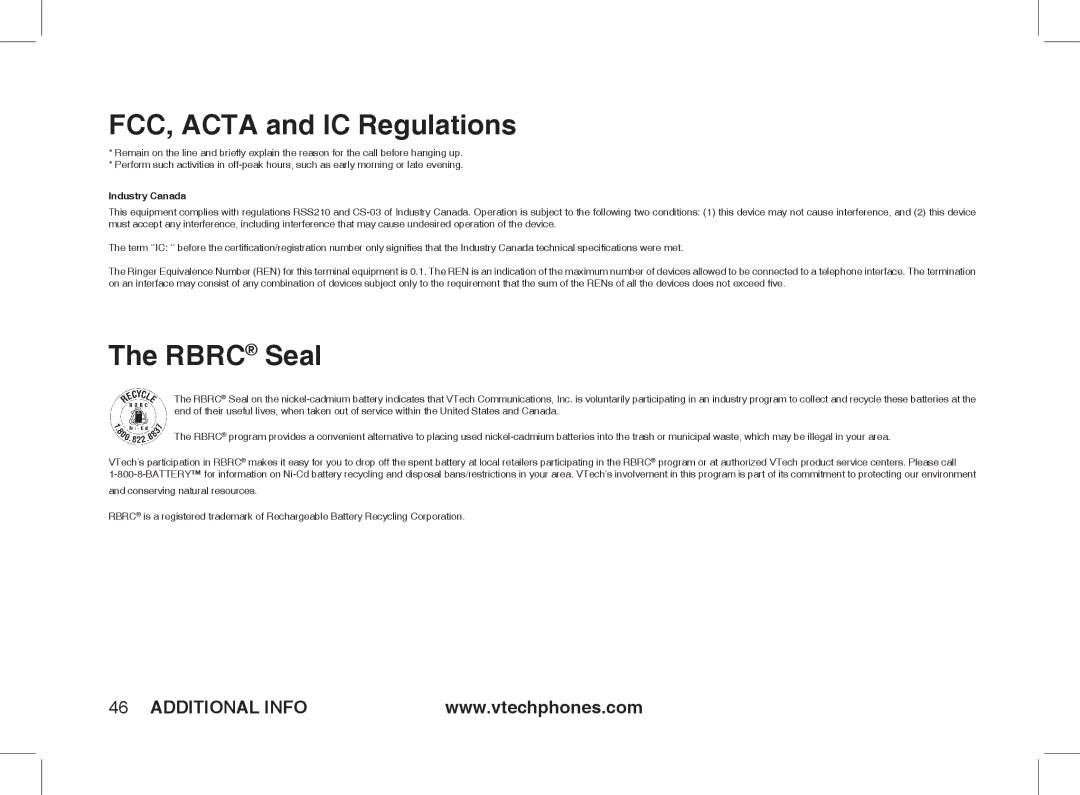 VTech Ia5854 manual Rbrc Seal, Industry Canada 