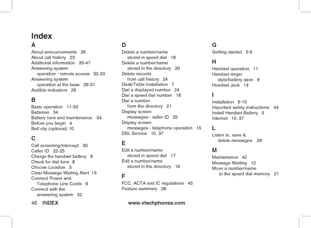 VTech Ia5854 manual Index 