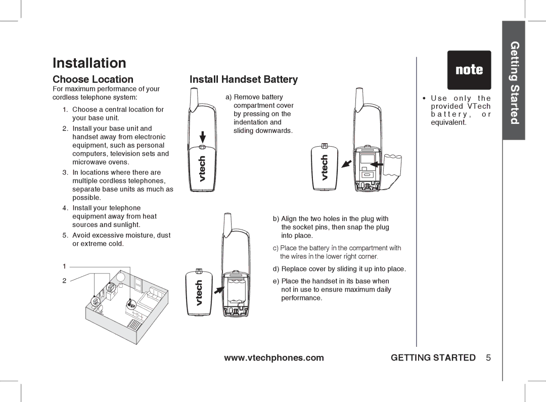 VTech Ia5854 manual Installation, Choose Location, Install Handset Battery 