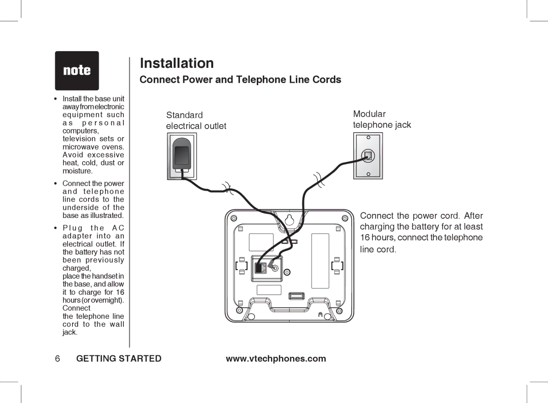 VTech Ia5854 manual Connect Power and Telephone Line Cords 