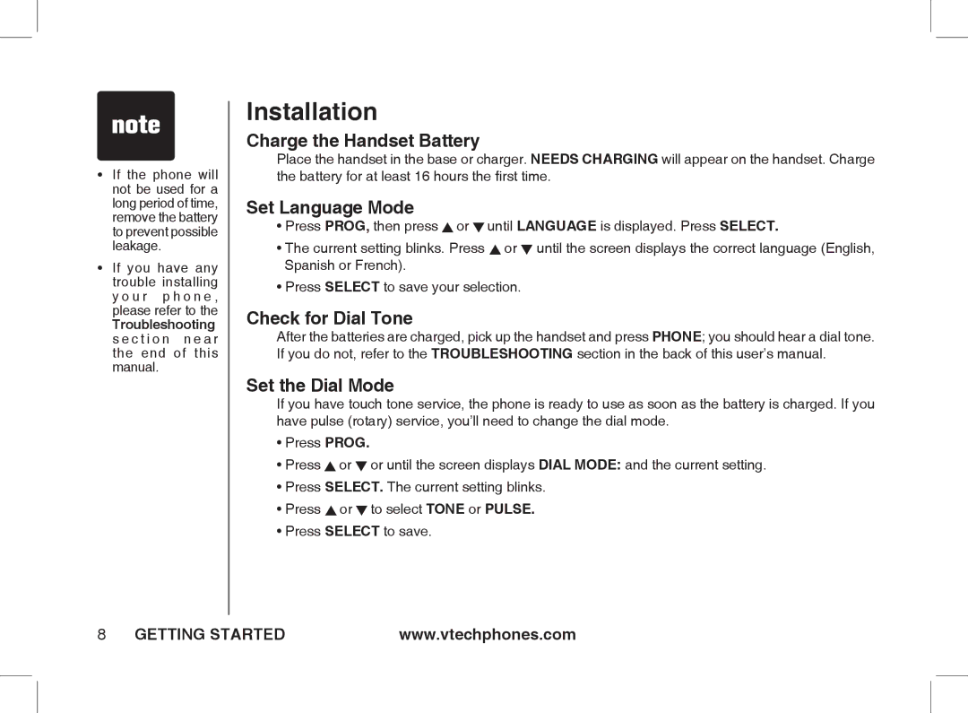 VTech Ia5854 manual Charge the Handset Battery, Set Language Mode, Check for Dial Tone, Set the Dial Mode 