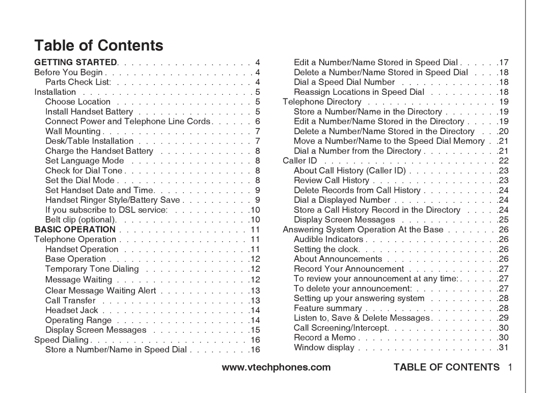 VTech IA5864 manual Table of Contents 