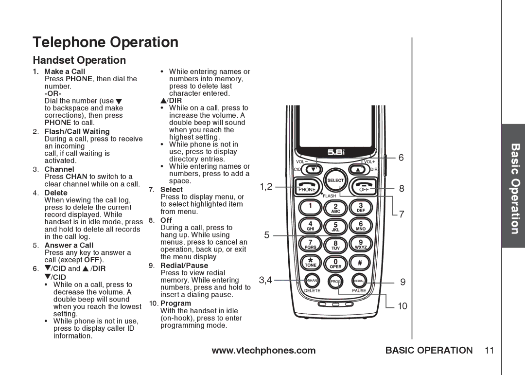 VTech IA5864 manual Telephone Operation, Handset Operation 