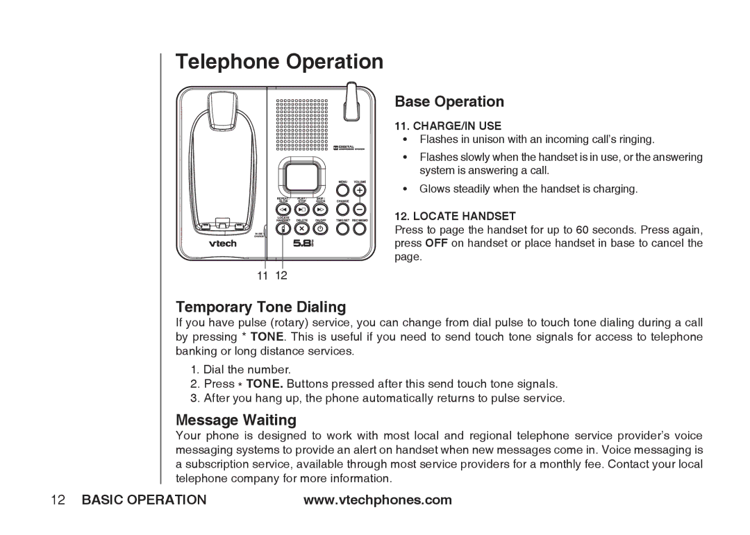 VTech IA5864 manual Base Operation, Temporary Tone Dialing, Message Waiting 