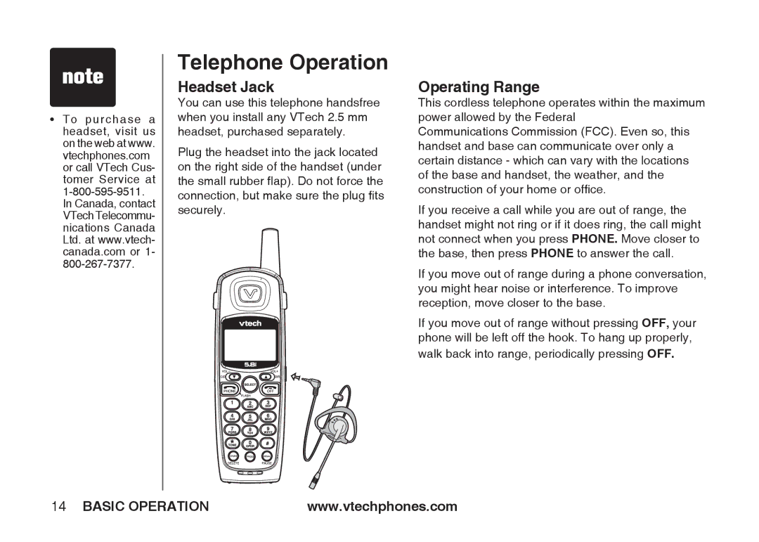 VTech IA5864 manual Headset Jack, Operating Range 