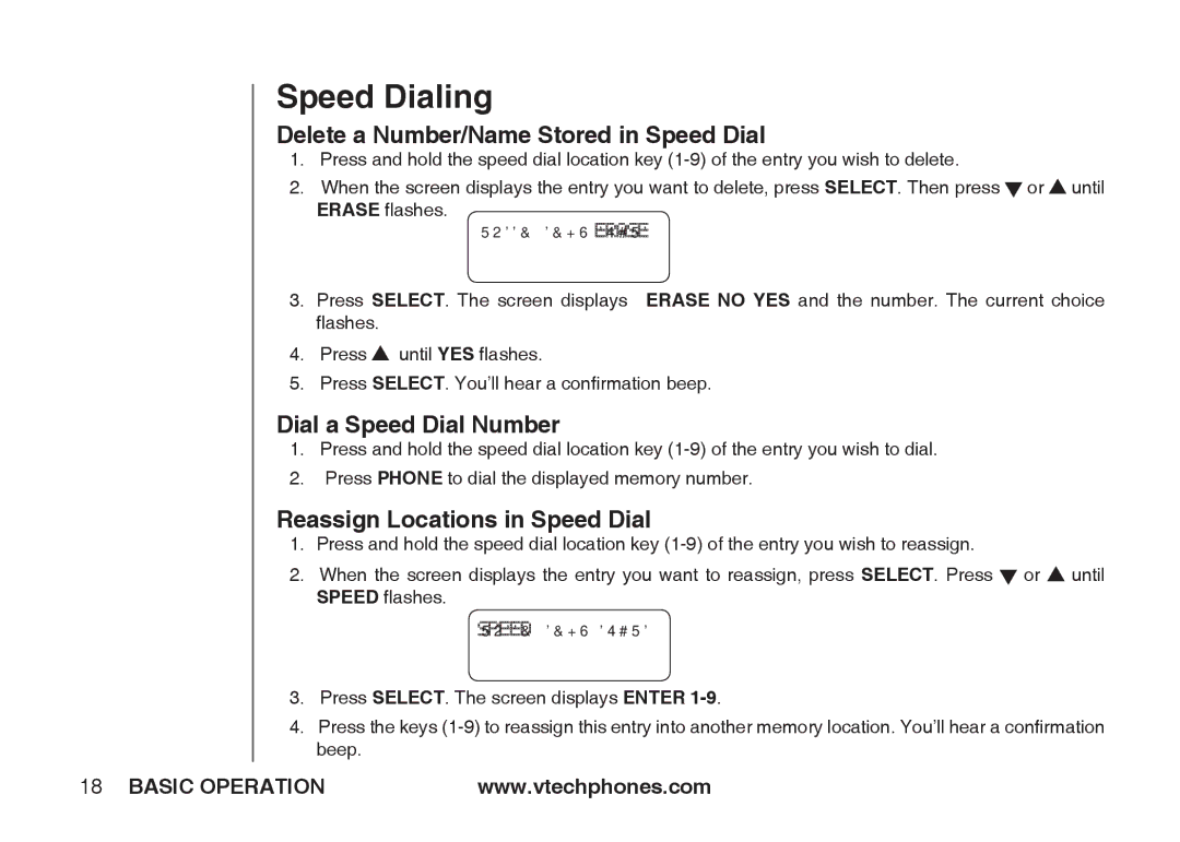 VTech IA5864 manual Delete a Number/Name Stored in Speed Dial, Dial a Speed Dial Number, Reassign Locations in Speed Dial 