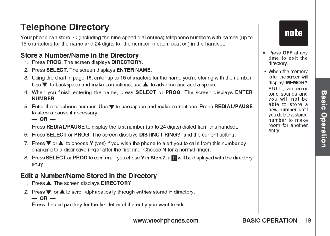 VTech IA5864 manual Telephone Directory, Store a Number/Name in the Directory, Edit a Number/Name Stored in the Directory 