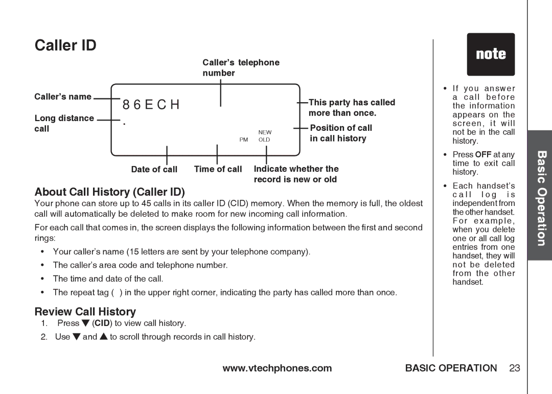 VTech IA5864 manual About Call History Caller ID, Review Call History 