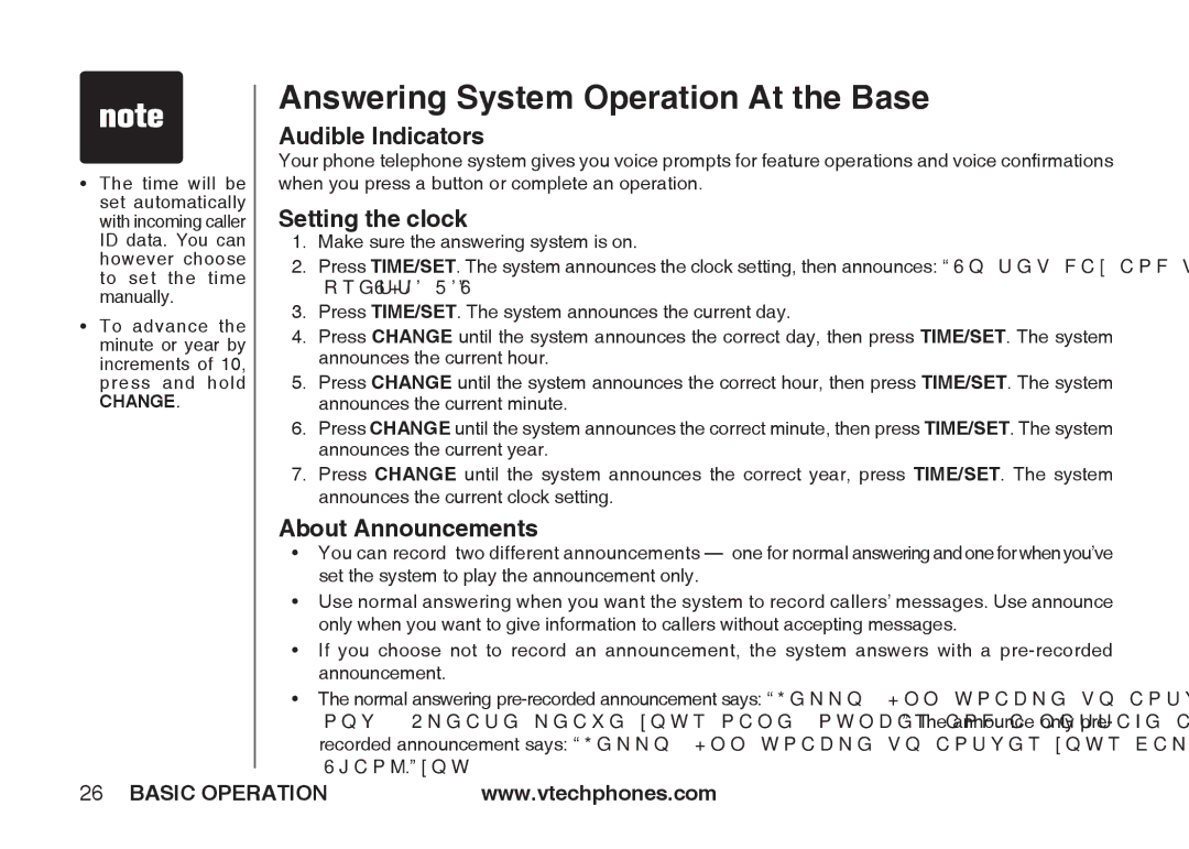 VTech IA5864 manual Answering System Operation At the Base, Audible Indicators, Setting the clock, About Announcements 