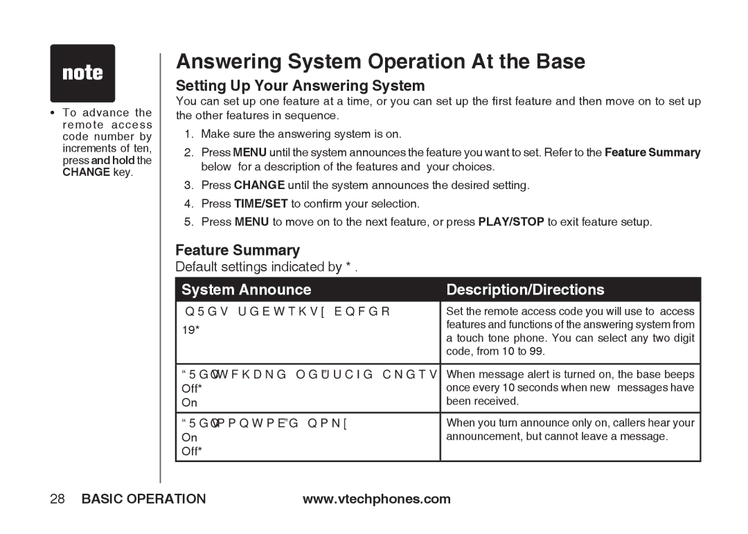 VTech IA5864 manual Setting Up Your Answering System, Feature Summary 