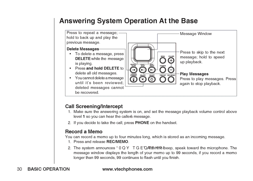 VTech IA5864 manual Call Screening/Intercept, Record a Memo 