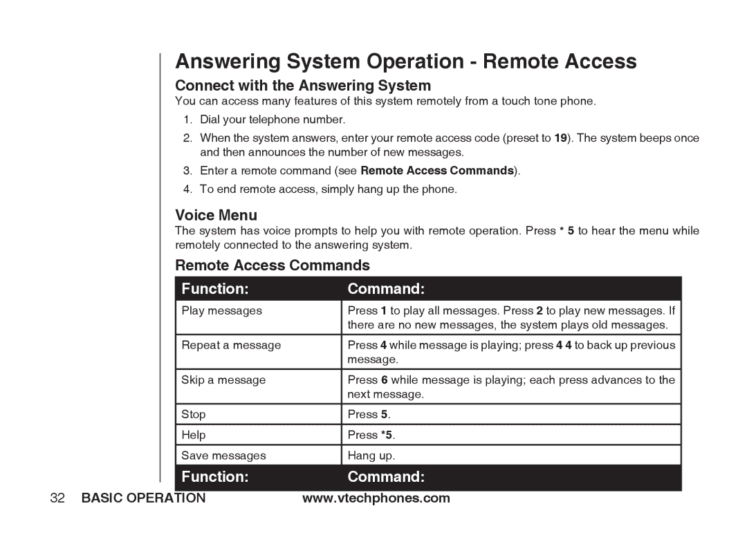 VTech IA5864 manual Answering System Operation Remote Access, Connect with the Answering System, Voice Menu 