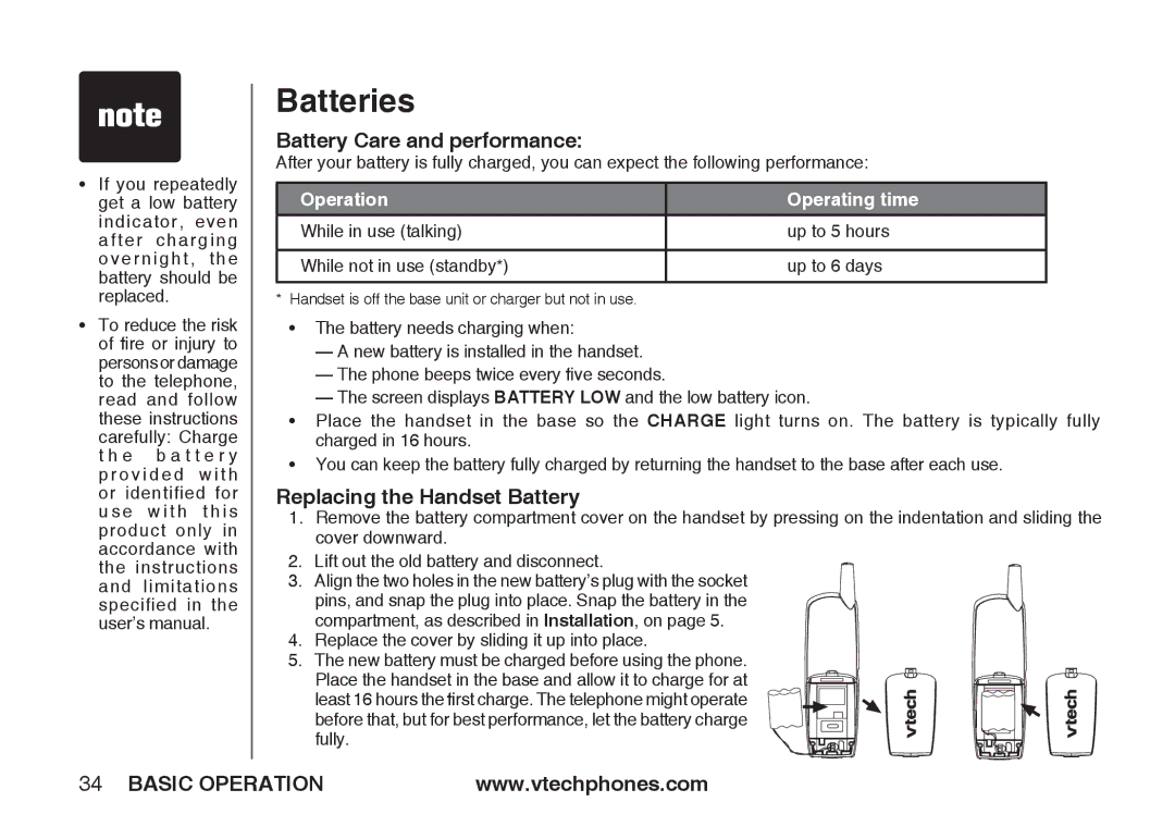 VTech IA5864 manual Batteries, Battery Care and performance 