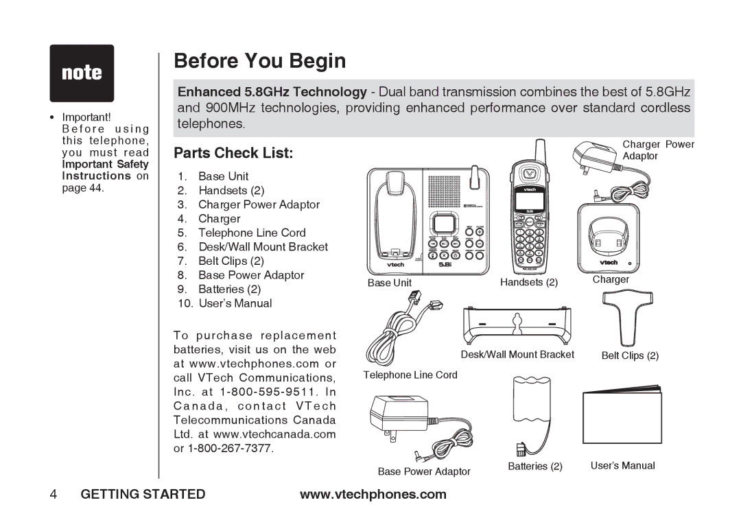 VTech IA5864 manual Before You Begin, Parts Check List 