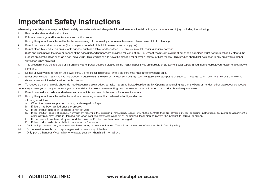 VTech IA5864 manual Important Safety Instructions 