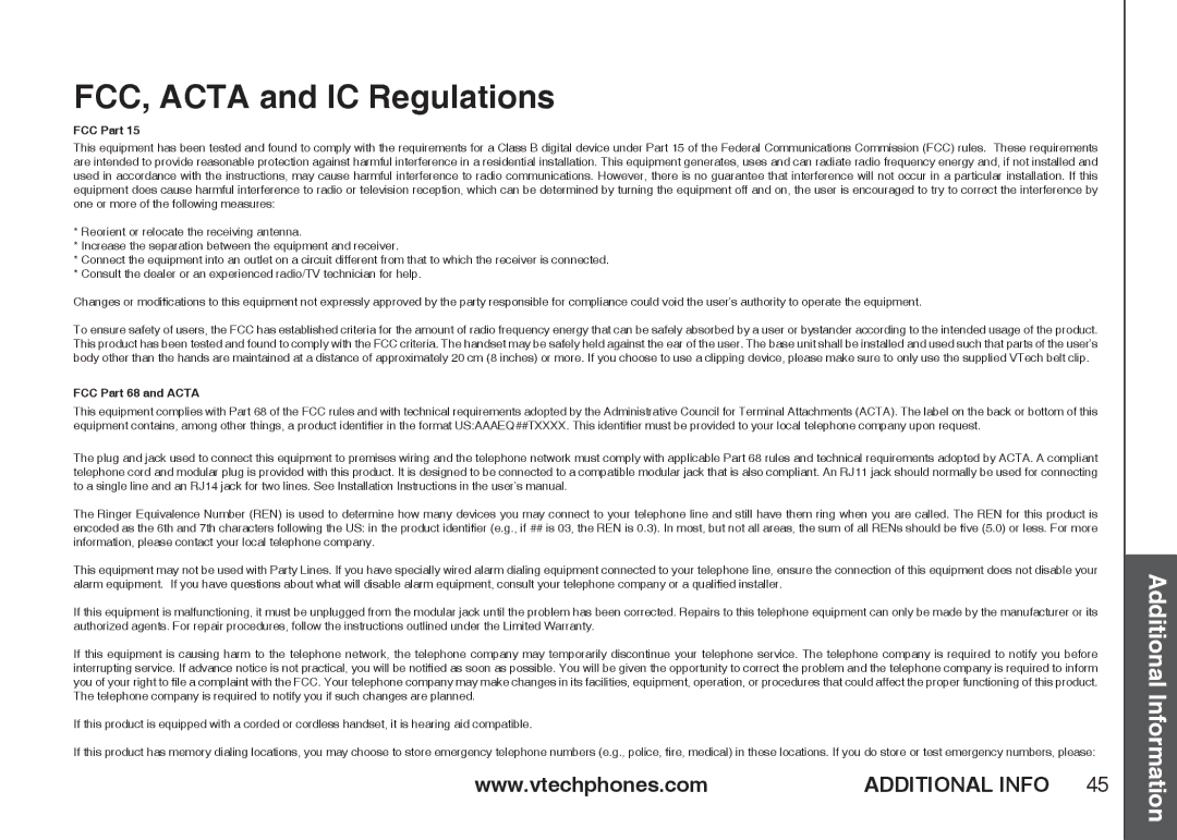 VTech IA5864 manual FCC, Acta and IC Regulations, FCC Part 