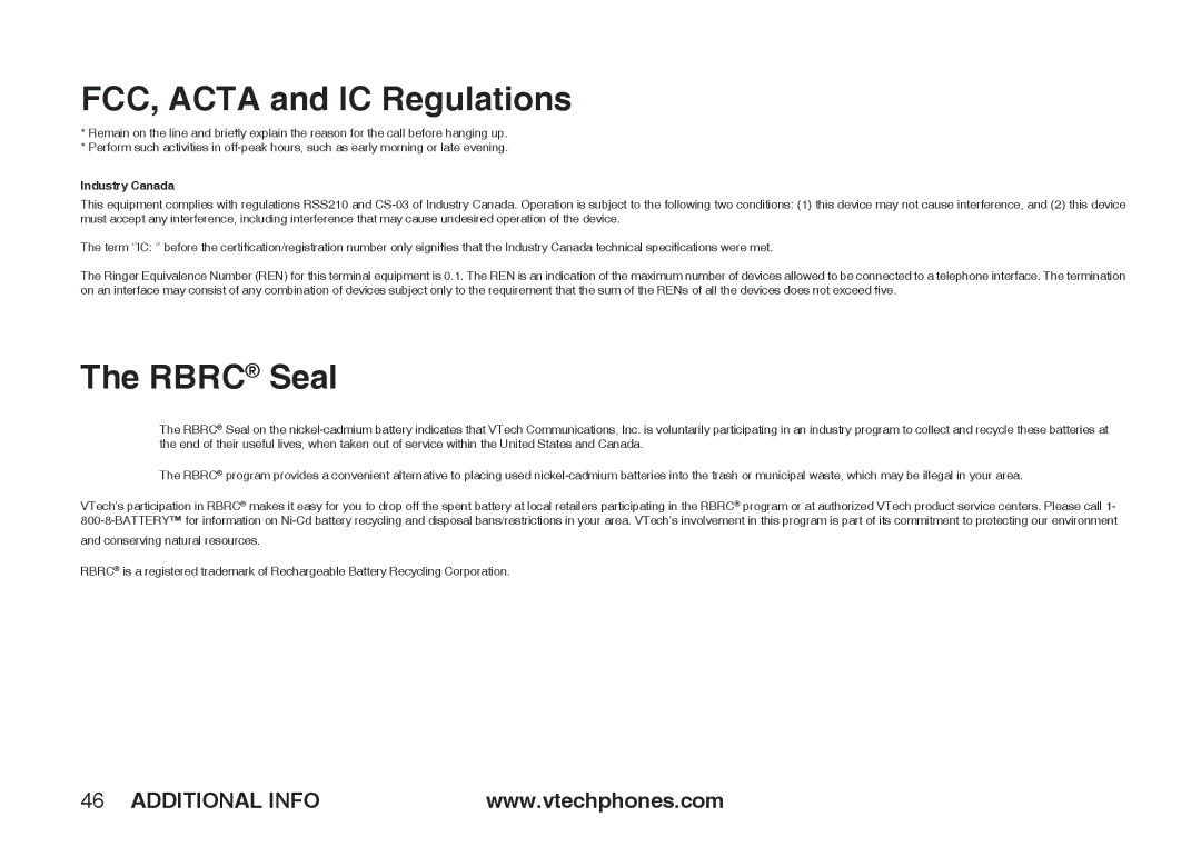 VTech IA5864 manual Rbrc Seal, Industry Canada 