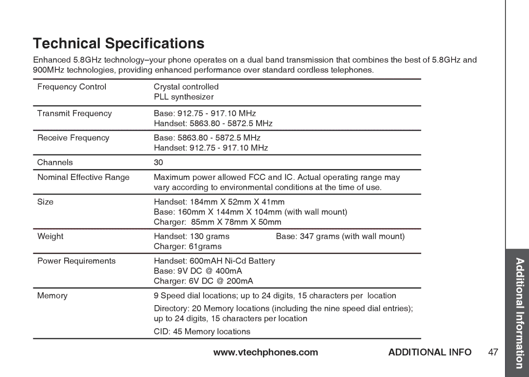 VTech IA5864 manual Technical Speciﬁcations 