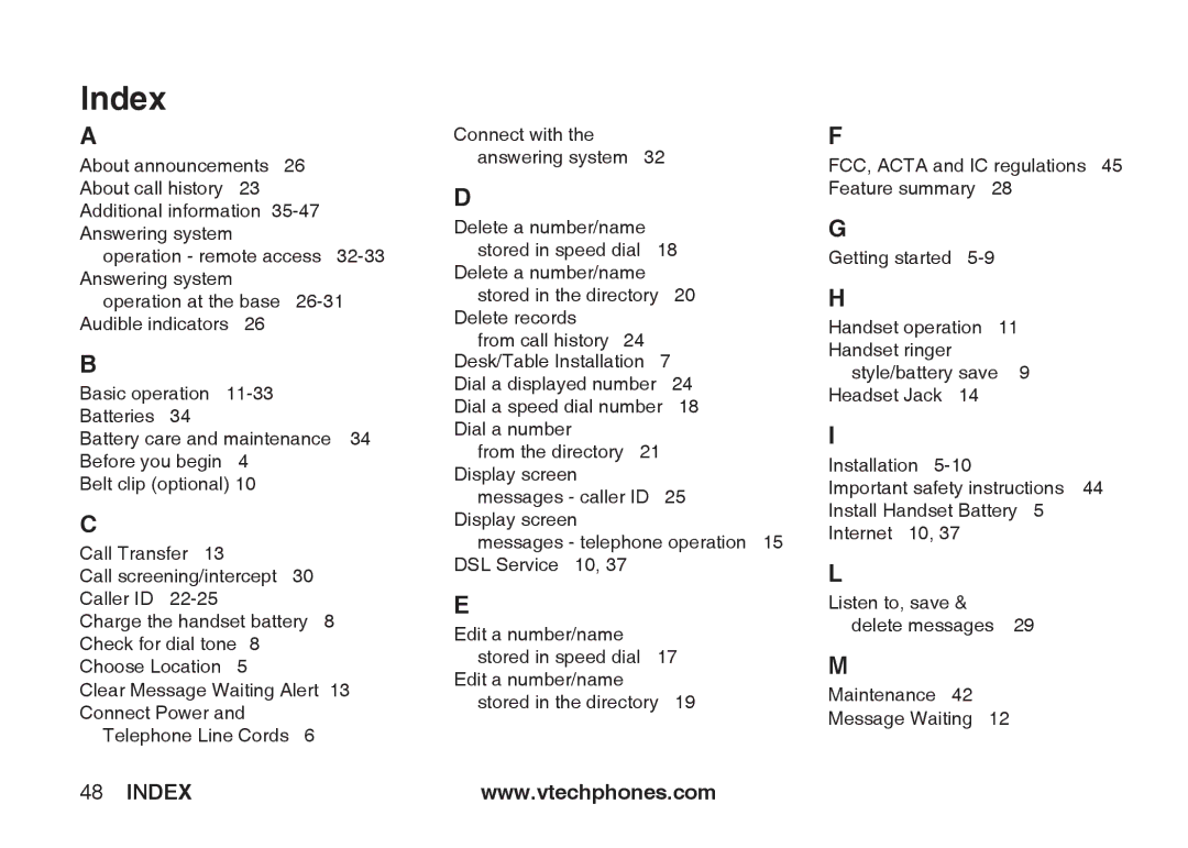 VTech IA5864 manual Index 