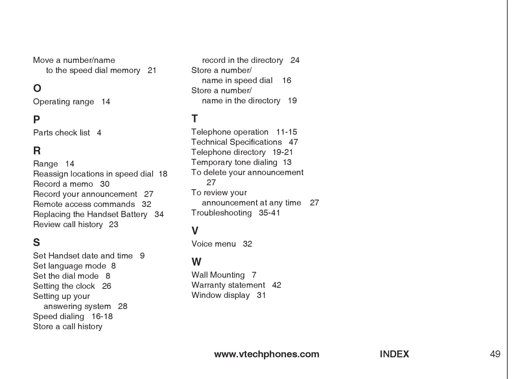 VTech IA5864 manual Index 