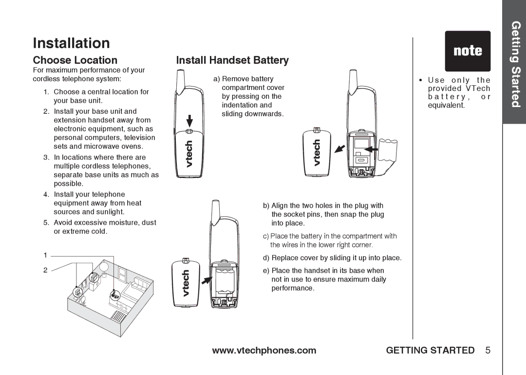 VTech IA5864 manual Installation, Choose Location, Install Handset Battery 