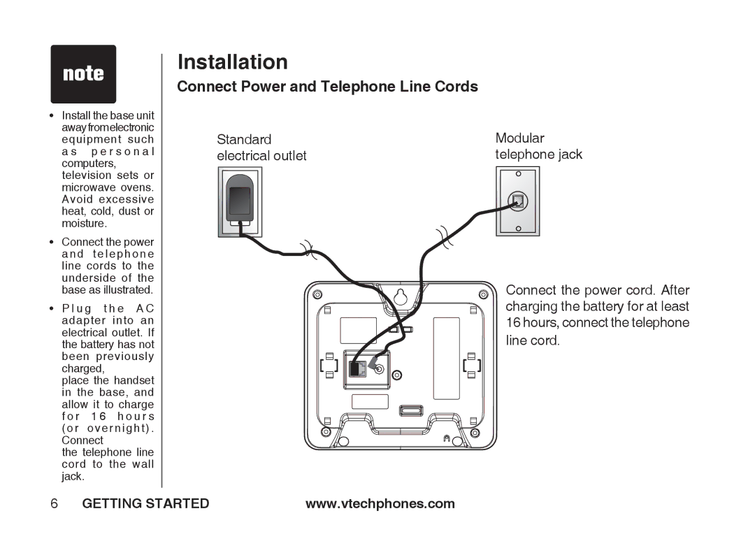 VTech IA5864 manual Connect Power and Telephone Line Cords 