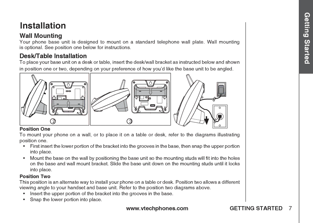 VTech IA5864 manual Wall Mounting, Desk/Table Installation 