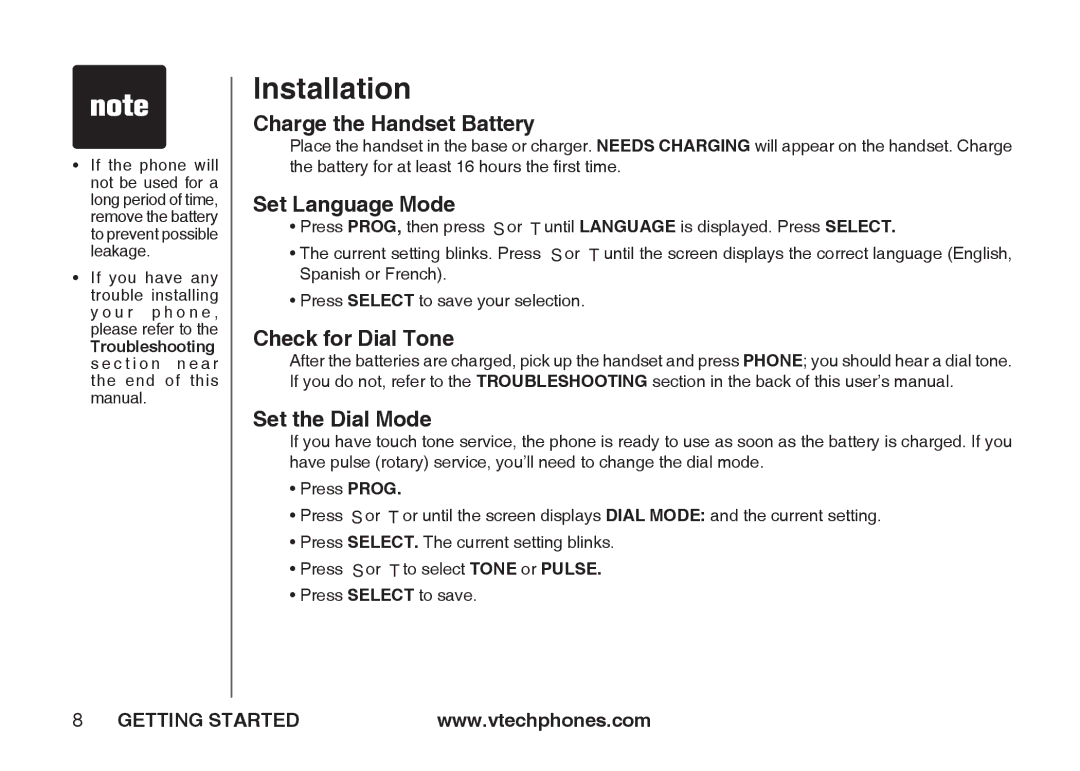 VTech IA5864 manual Charge the Handset Battery, Set Language Mode, Check for Dial Tone, Set the Dial Mode 