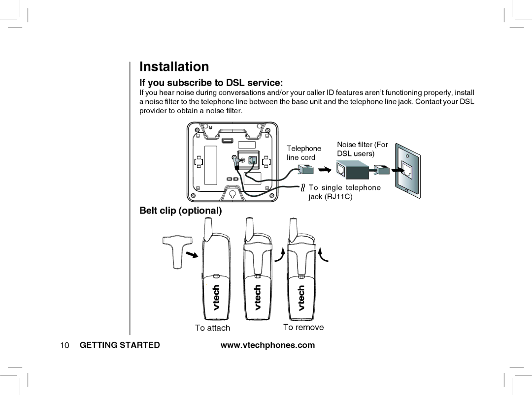 VTech ia5874, ia5876, ia5877 user manual If you subscribe to DSL service, Belt clip optional, To remove 