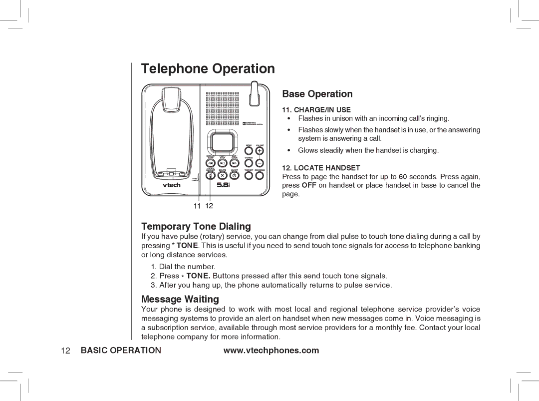 VTech ia5877, ia5876, ia5874 user manual Base Operation, Temporary Tone Dialing, Message Waiting 