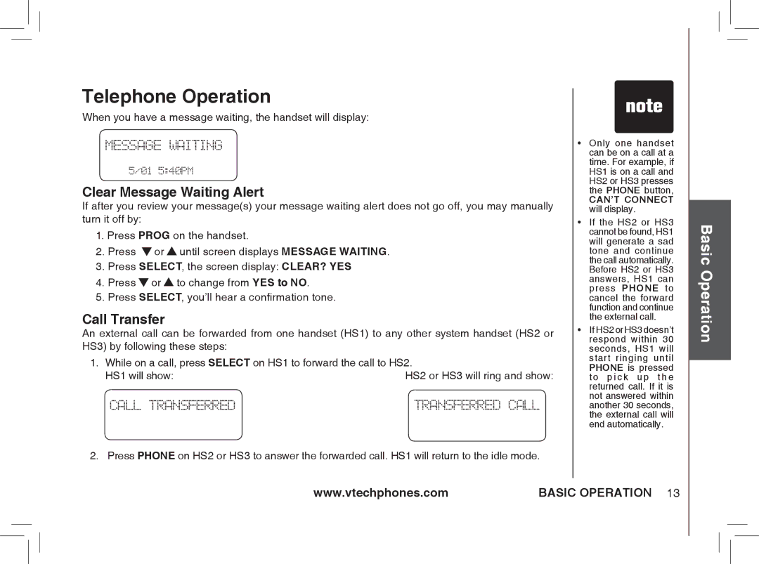 VTech ia5874, ia5876 Clear Message Waiting Alert, Call Transfer, When you have a message waiting, the handset will display 