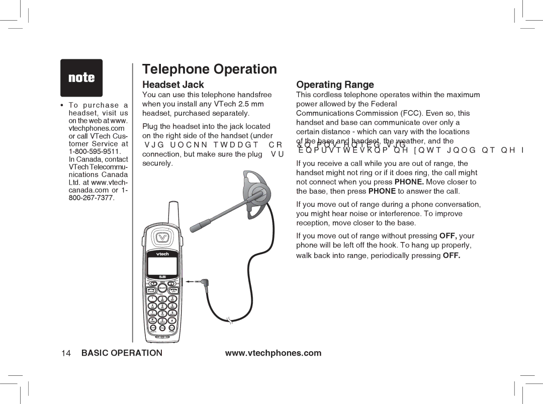 VTech ia5876, ia5877, ia5874 user manual Headset Jack, Operating Range, Walk back into range, periodically pressing OFF 