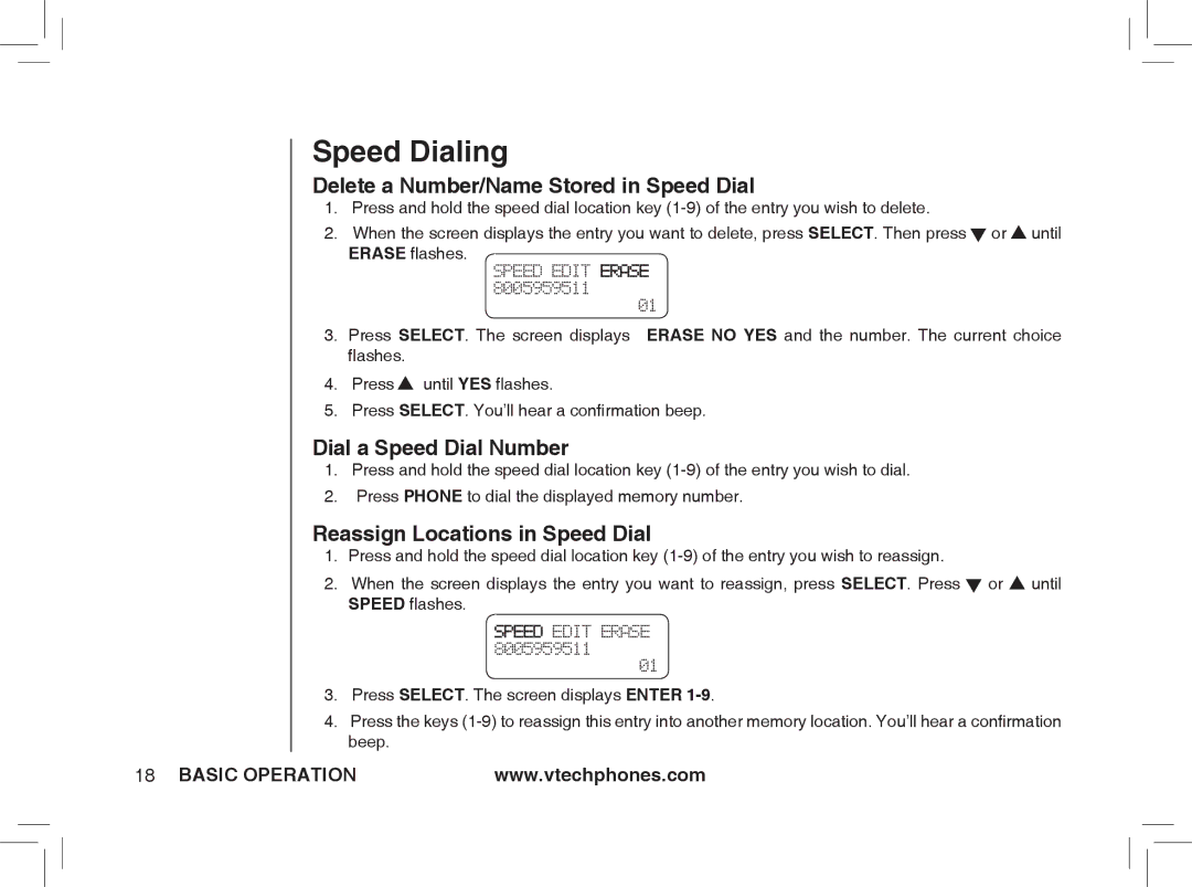 VTech ia5877, ia5876 Delete a Number/Name Stored in Speed Dial, Dial a Speed Dial Number, Reassign Locations in Speed Dial 