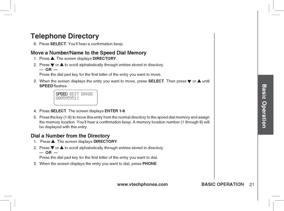 VTech ia5877, ia5876, ia5874 user manual Move a Number/Name to the Speed Dial Memory, Dial a Number from the Directory 