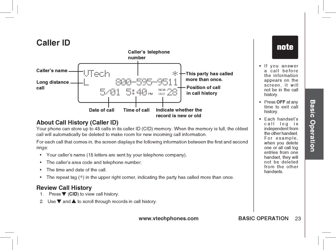 VTech ia5876, ia5877, ia5874 user manual About Call History Caller ID, Review Call History 