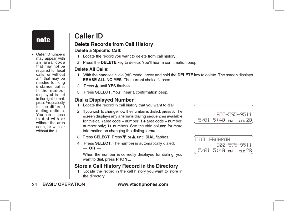 VTech ia5877 Delete Records from Call History, Dial a Displayed Number, Store a Call History Record in the Directory 