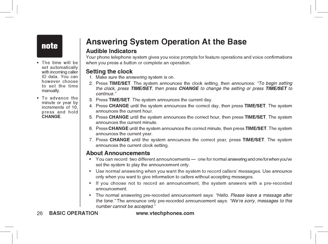 VTech ia5876, ia5877 Answering System Operation At the Base, Audible Indicators, Setting the clock, About Announcements 