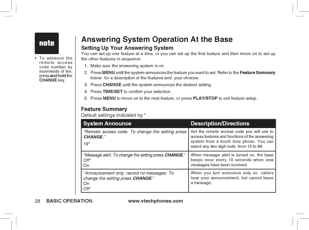 VTech ia5874, ia5876, ia5877 user manual Setting Up Your Answering System, Feature Summary 