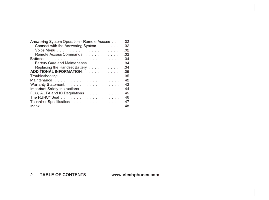 VTech ia5876, ia5877, ia5874 user manual Table of Contents 