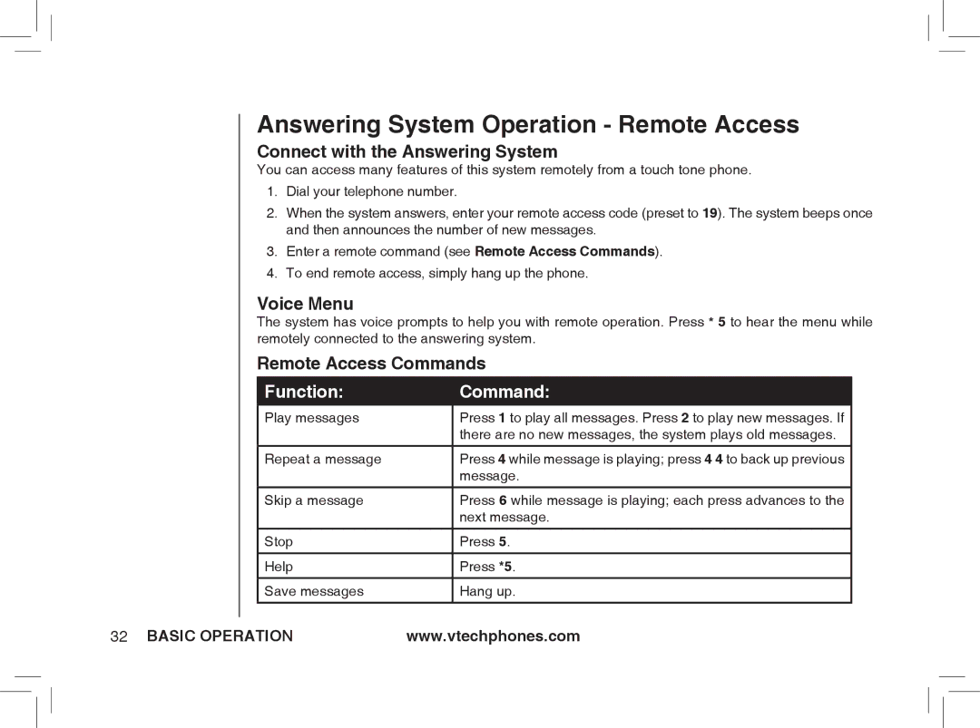 VTech ia5876, ia5877, ia5874 Answering System Operation Remote Access, Connect with the Answering System, Voice Menu 