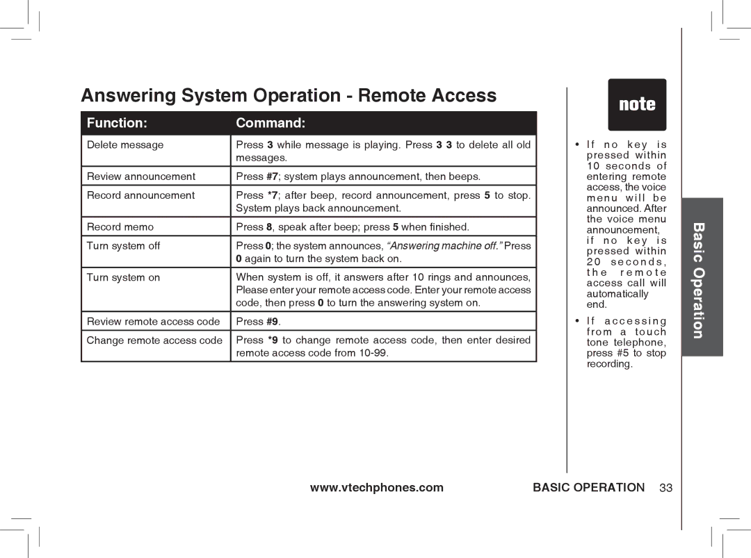 VTech ia5877, ia5876 Again to turn the system back on, Turn system on, Code, then press 0 to turn the answering system on 